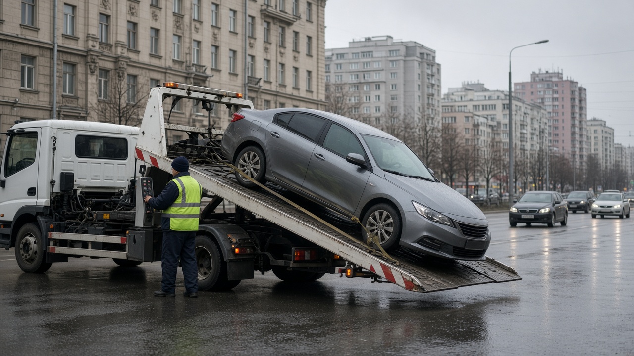 Эвакуатор с платформой забирает легковой автомобиль на городской дороге